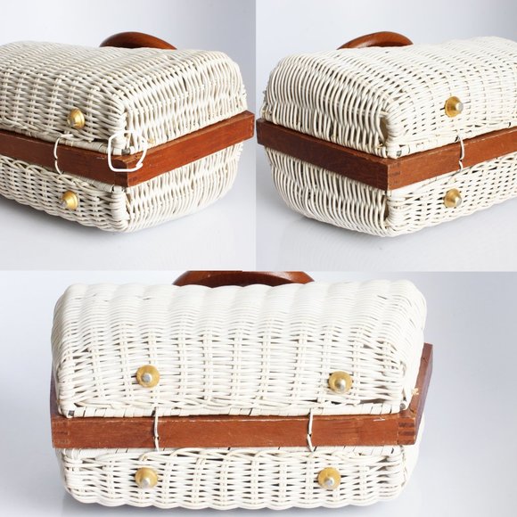 Simon Mr. Ernest White Wicker Bag with Brown Wood Trim Purse 60s Retro - Picture 9 of 10